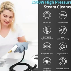 Ångtvättar-Ångrengörare, 2500W Högtemperatur Ångrengörare, Bärbar Ångrengöringsmaskin, 10S Snabb Uppvärmning, med 3 Borsthuvuden (Vit)