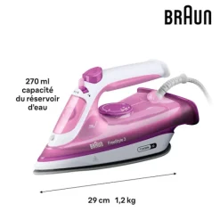 BRAUN Strykjärn-Ångstrykjärn - - FI3124PU Freestyle 3 - Effekt 2400 W - SuperCéramic Sula - Vattentank 270 ml - Självrengörande rosa och vitt