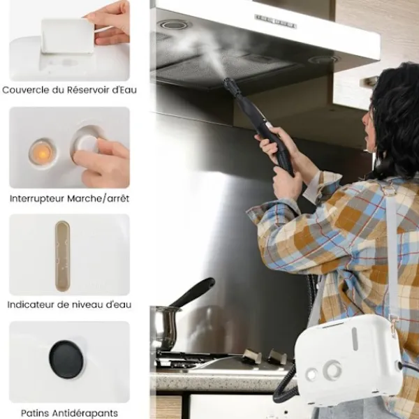 COSTWAY Ångtvättar-Ångtvätt för vägglöss 1600W -180℃-3 Bar-Reservoir 1L-Förvärmning på 15s-Justerbar Intensitet-12 Tillbehör-Vit