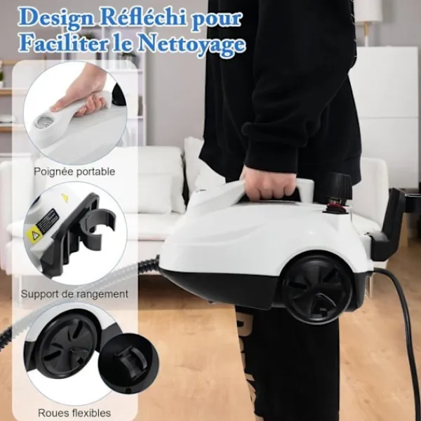 COSTWAY Ångtvättar-Ångtvätt 2000W för vägglöss 5BAR-19 Tillbehör-Reservoir 1,8L-Universaldäck-160℃-Autonomi 35 min-Vit