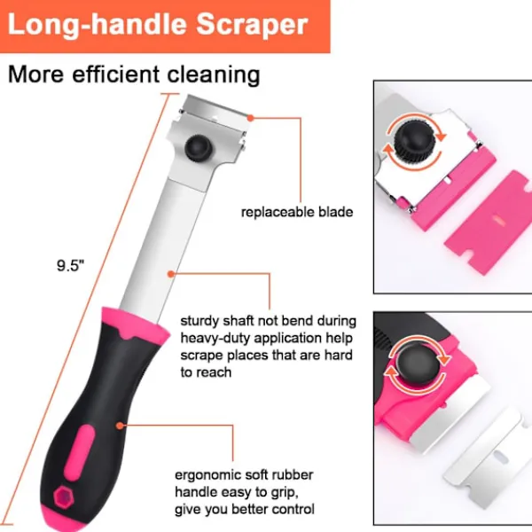 wxsp Fönsterrengöring-3-pack Glasskrapare med 30 Extra Blad för Skrapor, Multifunktionell Rengöring, för Etiketter, Dekaler, Glasfärg (Rosa - Dubbel)
