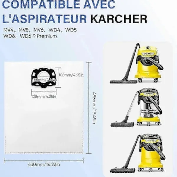 Dammsugare & Tillbehör-12-pack KFI 487 filterpåsar kompatibla med Kärcher WD4, WD5, WD6 dammsugare