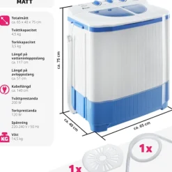 tectake Tvättmaskiner-Portabel tvättmaskin med centrifug, 4,5 kg tvätt Vit