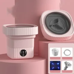 INF Tvättmaskiner-Portabel Vikbar Tvättmaskin med Blått Ljus, 6L Kapacitet, Extern Dränering, Avtagbart Lock