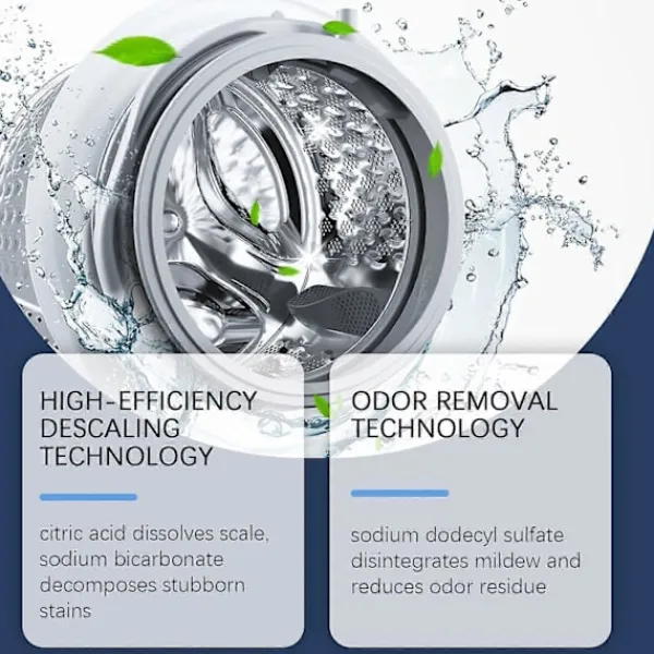 Rengöringsmedel-Rengöringspulver för tvättmaskinstrumma, rengör fläckar, avkalkar och tar bort lukt, hushållsartiklar är rena och utan rester