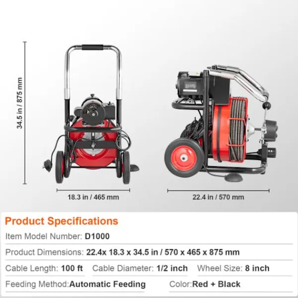 DUOKU Städmaskiner-Reningsmaskin för avlopp - - D1000 - 100FT x 1/2 Tum - Automatisk matning - 8 skärare