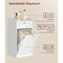 Rootz Living Tvättillbehör-Rootz badrumsskåp med tvättkorg - Förvaringsenhet - Organiseringsställ - MDF & polyestertyg - 40 cm x 40 cm x 80,2 cm