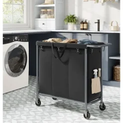 Rootz Living Tvättillbehör-Rootz Tvättkorg 3 Fack 200L - Kåpa med hjul - Organizer Bin - Oxford Tyg - 91cm x 39cm x 81cm