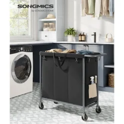 Rootz Living Tvättillbehör-Rootz tvättkorg på hjul - Rullande korg - Bärbar förvaring - Stålram - 91 cm x 39 cm x 81 cm - Bläcksvart - 600D Oxford-tyg - Lättvikt - Enkel monteri | Fyndiq