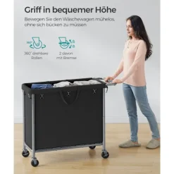 Rootz Living Tvättillbehör-Rootz tvättkorg på hjul - Rullande korg - Bärbar förvaring - Stålram - 91 cm x 39 cm x 81 cm - Bläcksvart - 600D Oxford-tyg - Lättvikt - Enkel monteri | Fyndiq