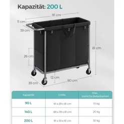 Rootz Living Tvättillbehör-Rootz tvättkorg på hjul - Rullande korg - Bärbar förvaring - Stålram - 91 cm x 39 cm x 81 cm - Bläcksvart - 600D Oxford-tyg - Lättvikt - Enkel monteri | Fyndiq