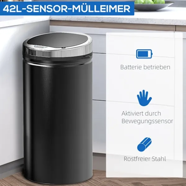 Northio Soptunnor-Sensor papperskorg 42L, elektrisk automatisk papperskorg med lock, rostskyddad, för badrum, kontor, kök, matsal, stål, svart