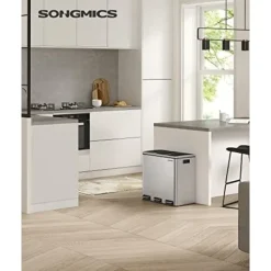 Pavil Soptunnor-SONGMICS återvinningskärl, 3 x 18 L trippelkökskärl, 3-fack pedalbehållare, silver