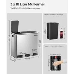 Pavil Soptunnor-SONGMICS återvinningskärl, 3 x 18 L trippelkökskärl, 3-fack pedalbehållare, silver