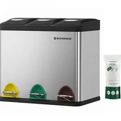 Pavil Soptunnor-SONGMICS återvinningskärl, 3-i-1 pedalkorg, 24-liters metallsoptunna, stål, silver