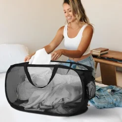 Tvättillbehör-Stabila hopfällbara tvättkorgar - Pop Up tvättkorgar med praktisk ficka, hopfällbar tvättkorg med förstärkta bärhandtag för tvätt, fladdermus