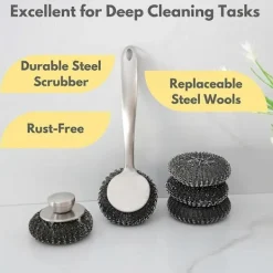 Rengöringsmedel-Stålullsskrubber Diskborste med Handtag Djuprengörande Metallskrubbset Stålskrubber för Di