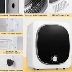 COSTWAY Torktumlare-Strykande torktumlare 800W 4KG -5 Program - Låg varm luft - Trumma i rostfritt stål - Flera filter - Lägenhet