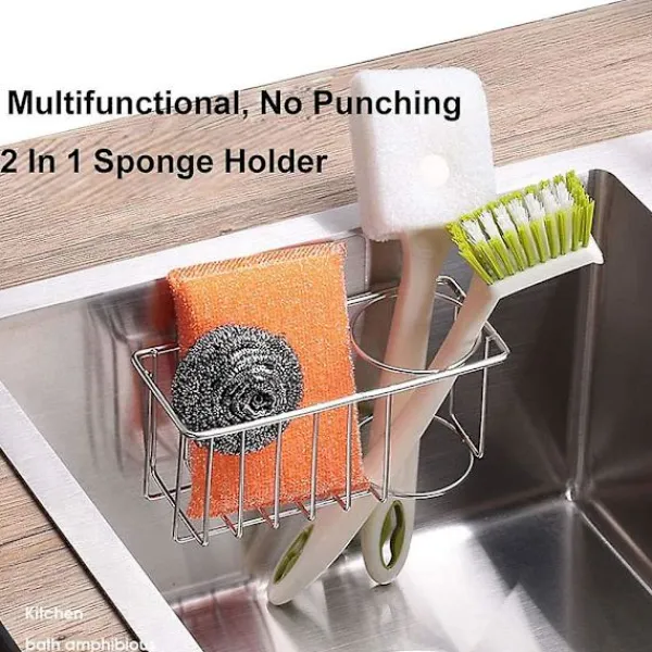 Svampar & Dukar-Svamphållare + diskborsthållare, 3 i 1 diskbänkshållare, 304 rostfritt stål rostfritt och vattentätt, självhäftande installation gratis borrning | Fyndiq
