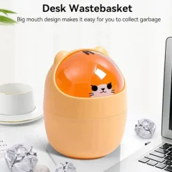Soptunnor-Tecknad Katt Djurformad Papperskorg med Svänglock Mini Bänkskiva Soptunna Liten Soptunna (Gul)