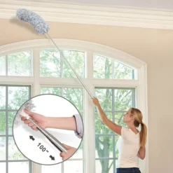 Fönsterrengöring-Teleskopisk Mikrofiberdammvippa, Dsuter med 100" Förlängningsstång i Rostfritt Stål, med Skyddskåpa, Avtagbar & Tvättbar & Böjbar