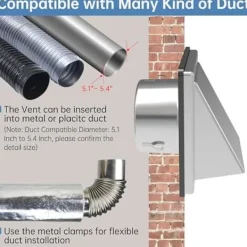 Torktumlare-4-tums Torktumlarens Ventilationslock Utomhusvägg med Dämpad Backventil, Extern Utblåsningsväggventil, Rostfri