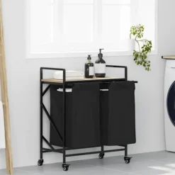 vidaXL Tvättillbehör-Tvättkorg 2 fack med hjul sonoma-ek