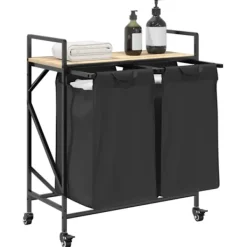 vidaXL Tvättillbehör-Tvättkorg 2 fack med hjul sonoma-ek