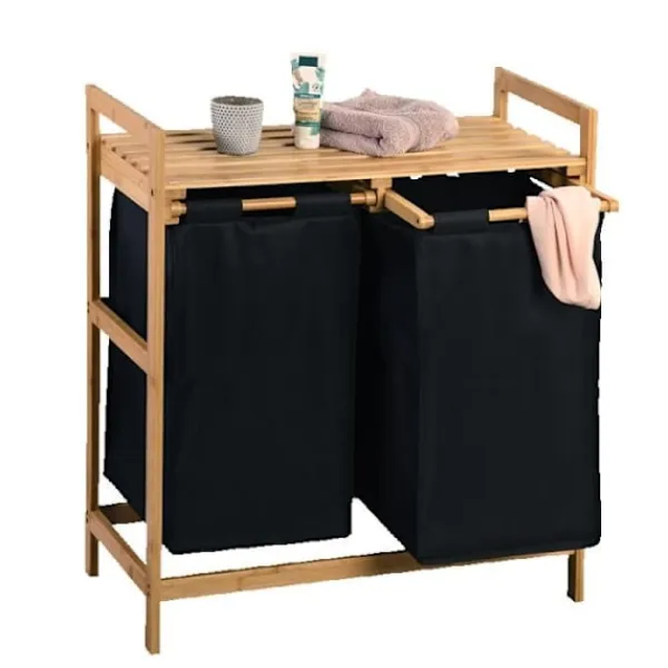 AC-DÉCO Tvättillbehör-Tvättkorg med 2 fack i tyg och bambu - - H 73 x B 64 cm