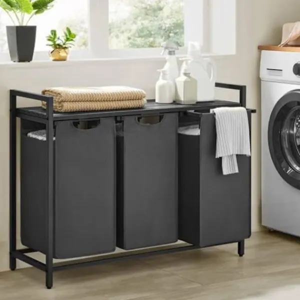 Vasagle Tvättillbehör-Tvättkorg med 3 fack och hylla - Svart/Grå