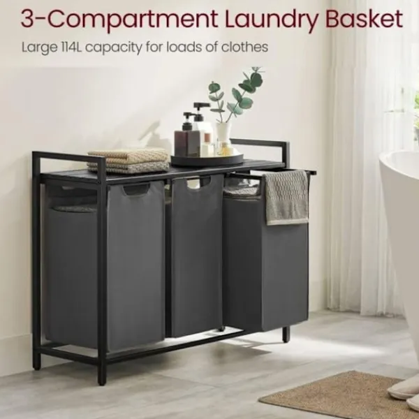 Vasagle Tvättillbehör-Tvättkorg med 3 fack och hylla - Svart/Grå