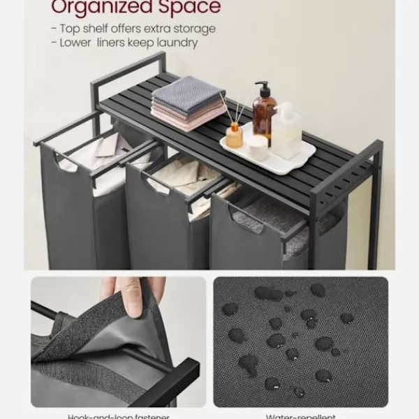 Vasagle Tvättillbehör-Tvättkorg med 3 fack och hylla - Svart/Grå