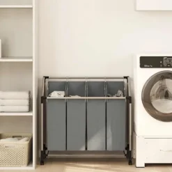 vidaXL Tvättillbehör-Tvättkorg med hjul 4 fack grå