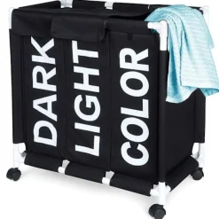 B2X Tvättillbehör-Tvättkorg med hjul och tre fack för enkel sortering