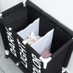 B2X Tvättillbehör-Tvättkorg med hjul och tre fack för enkel sortering