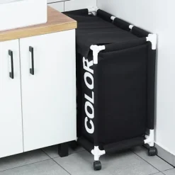 B2X Tvättillbehör-Tvättkorg med hjul och tre fack för enkel sortering