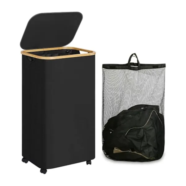 BEBETTER Tvättillbehör-Tvättkorg med hjul, smal tvättkorg med lock, svart