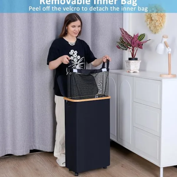 BEBETTER Tvättillbehör-Tvättkorg med hjul, smal tvättkorg med lock, svart