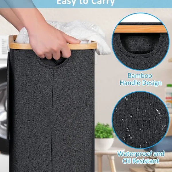 BEBETTER Tvättillbehör-Tvättkorg med hjul, smal tvättkorg med lock, svart