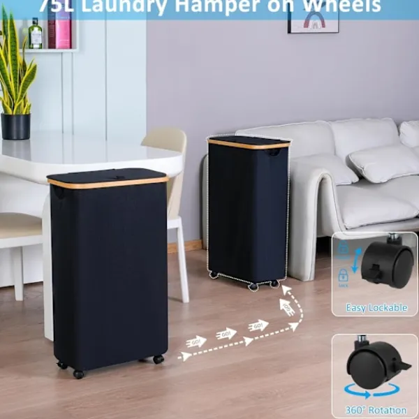 Archipelago Tvättillbehör-Tvättkorg med hjul, smal tvättkorg med lock, svart