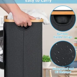 Archipelago Tvättillbehör-Tvättkorg med hjul, smal tvättkorg med lock, svart