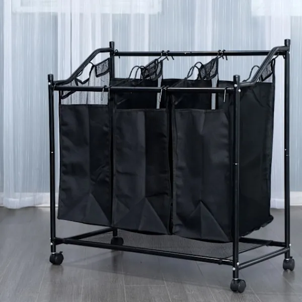 Tvättillbehör-Tvättkorg på hjul med 3 fack