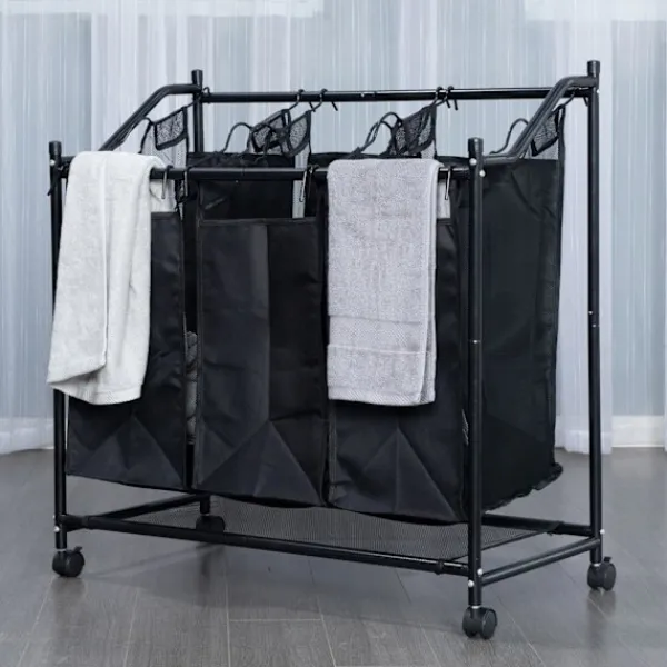 Tvättillbehör-Tvättkorg på hjul med 3 fack