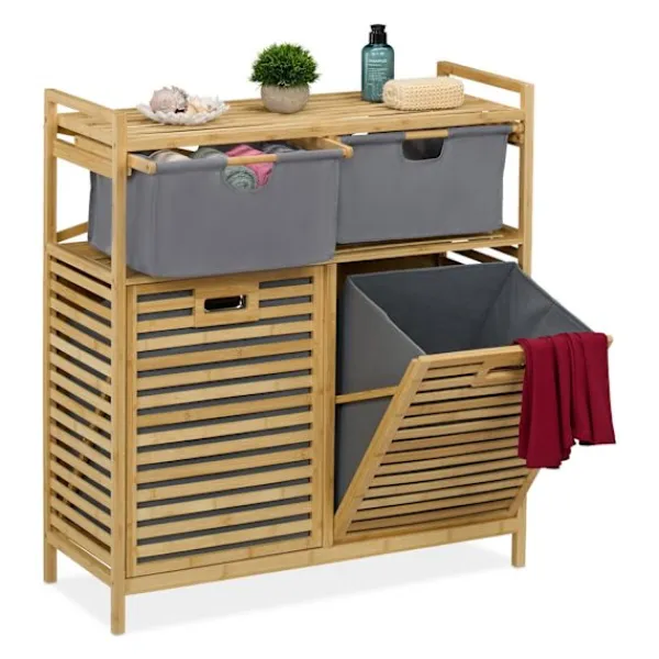 Northix Tvättillbehör-Tvättkorgsställ med 2 tyglådor, bambuhylla