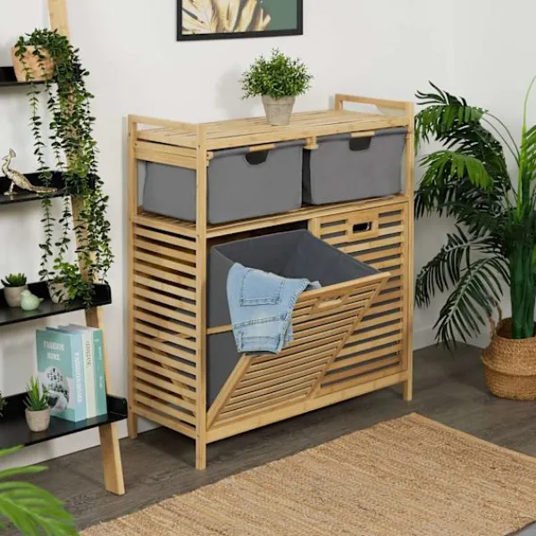 Northix Tvättillbehör-Tvättkorgsställ med 2 tyglådor, bambuhylla