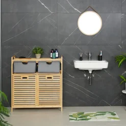 Northix Tvättillbehör-Tvättkorgsställ med 2 tyglådor, bambuhylla