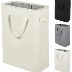 Tvättillbehör-Ultratunn tvättkorg med handtag, hopfällbar korg, tunn smutstvätt, smal väska, hopfällbart tyg 45 L (53,34 cm, Beige) -DQ