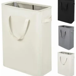 Tvättillbehör-Ultratunn tvättkorg med handtag, hopfällbar korg för smutsiga kläder, smal påse, hopfällbar trasa, 45 l (53,34 cm, beige)
