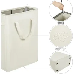 Tvättillbehör-Ultratunn tvättkorg med handtag, hopfällbar korg för tunna smutsiga kläder, smal påse, hopfällbar trasa, 45 L (53,34 cm, beige)