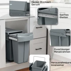 Northio Soptunnor-Utdragbar soptunna för kök, 2 avtagbara hinkar, 30 l, metall